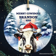 Carregar imagem no visualizador da galeria, Personalized Watercolor Christmas Cow Ornament, Farmhouse Festive Merry Cowsmas Gift
