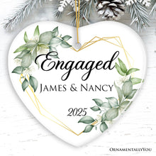 Carregar imagem no visualizador da galeria, Personalized Engaged Ornament with Heart Flower Frame, Custom Name and Date Gift for Couple
