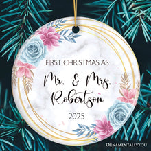 Carregar imagem no visualizador da galeria, First Christmas As Mr. and Mrs. Personalized Ornament, Marble Watercolor Flowers Round Frame
