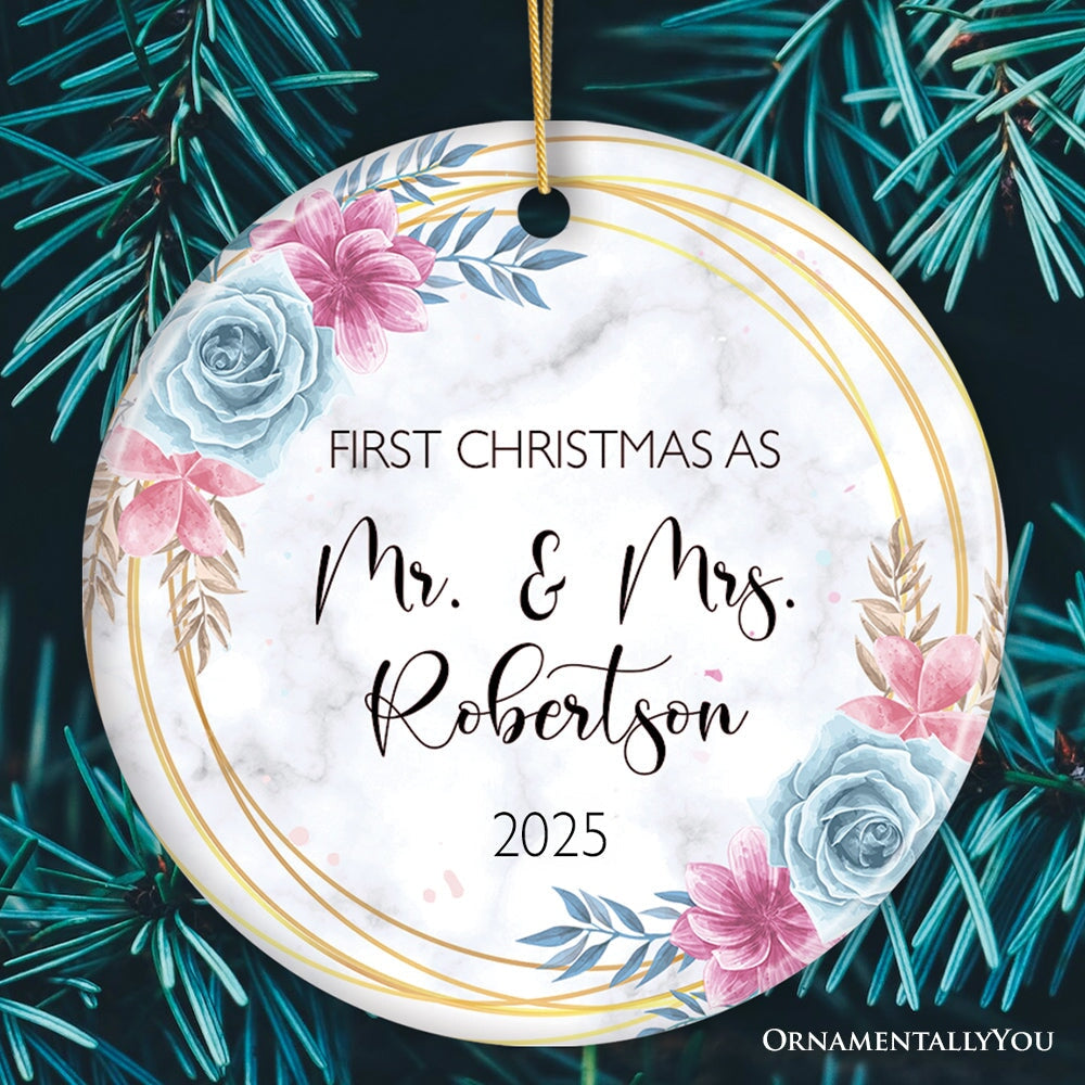 First Christmas As Mr. and Mrs. Personalized Ornament, Marble Watercolor Flowers Round Frame