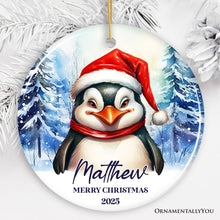 Carregar imagem no visualizador da galeria, Penguin with Santa Hat Personalized Ornament, Winter Forest Christmas Gift With Custom Name and Date
