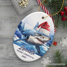 Load image into Gallery viewer, Shark with Santa Hat Personalized Ornament, Festive Christmas Gift With Custom Name and Date
