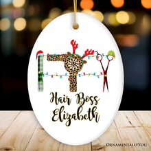 Carregar imagem no visualizador da galeria, Personalized Hairdresser Buffalo Plaid Leopard Merry Christmas Ornament, Stylist Gift
