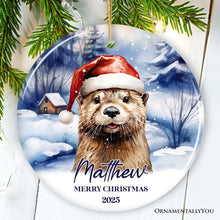 Carregar imagem no visualizador da galeria, Otter with Santa Hat Personalized Ornament, Festive Christmas Gift With Custom Name and Date
