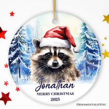 Carregar imagem no visualizador da galeria, Raccoon with Santa Hat Personalized Ornament, Winter Forest Christmas Gift With Custom Name and Date
