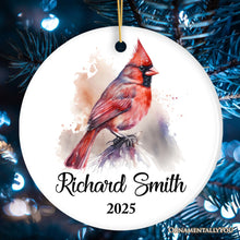 Carregar imagem no visualizador da galeria, Personalized Artistic Cardinal Watercolor Ornament, Custom Name and Date Gift

