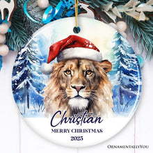 Carregar imagem no visualizador da galeria, Lion with Santa Hat Personalized Ornament, Winter Forest Christmas Gift With Custom Name and Date
