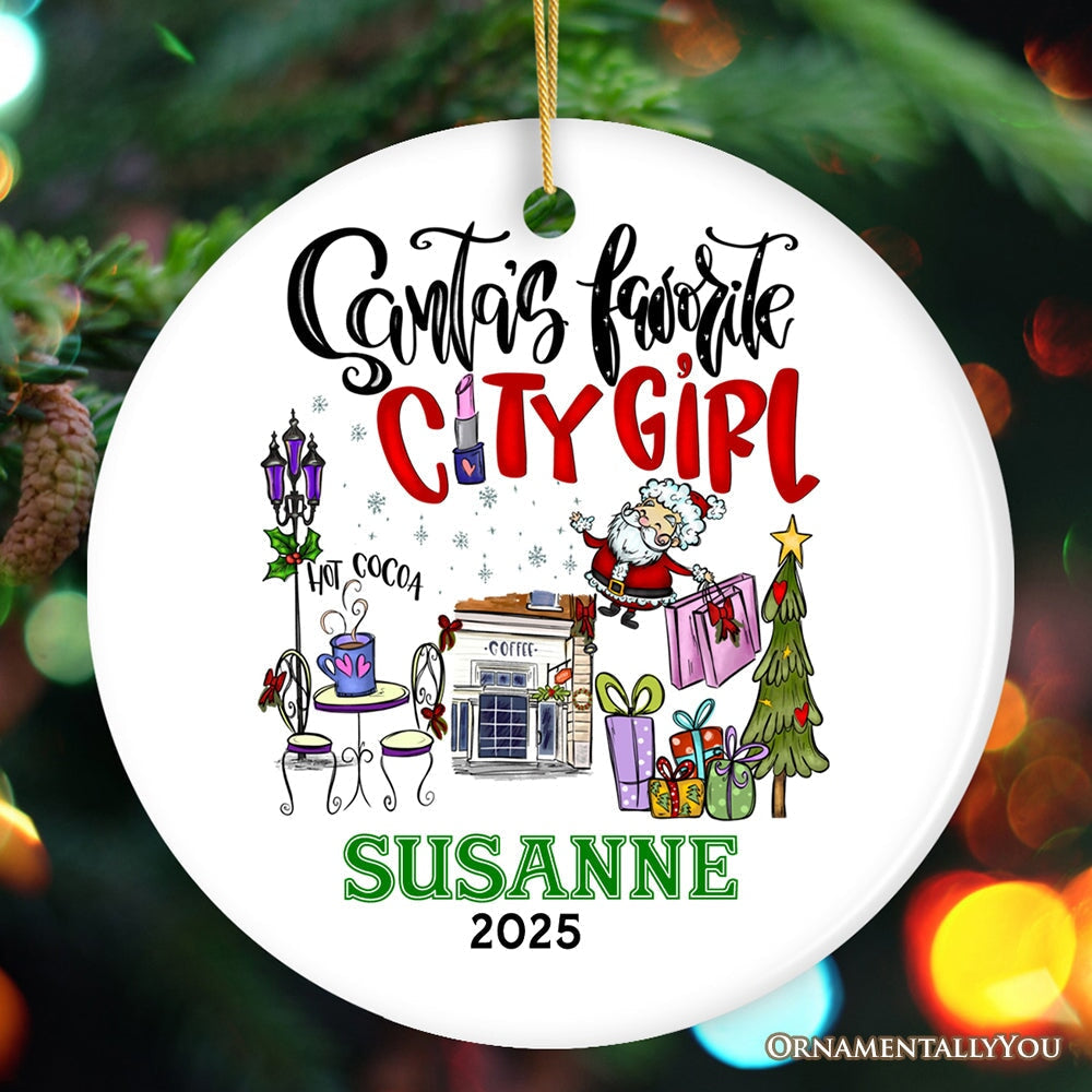 Fashion Santa's Favorite City Girl Personalized Christmas Ornament, Adventurous Urban Lifestyle Custom Gift