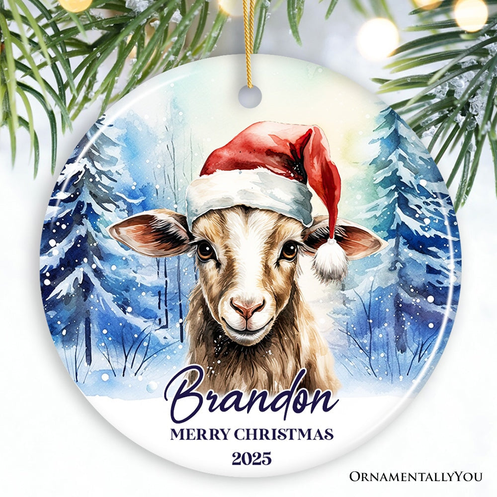 Goat with Santa Hat Personalized Ornament, Winter Forest Christmas Gift With Custom Name and Date