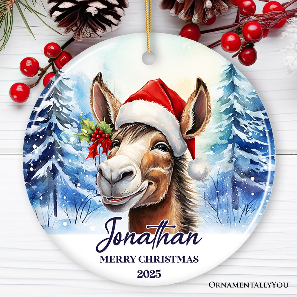 Donkey with Santa Hat Personalized Ornament, Winter Forest Christmas Gift With Custom Name and Date