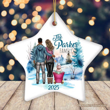 Cargar imagen en el visor de la galería, Family of Three Winter Holiday Personalized Gift, Parents &amp; Baby on Sleigh Custom Christmas Ornament
