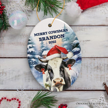 Carregar imagem no visualizador da galeria, Personalized Watercolor Christmas Cow Ornament, Farmhouse Festive Merry Cowsmas Gift

