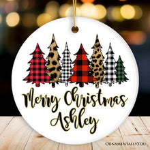 Carregar imagem no visualizador da galeria, Merry Christmas Buffalo Plaid and Leopard Cheetah Trees Personalized Ornament
