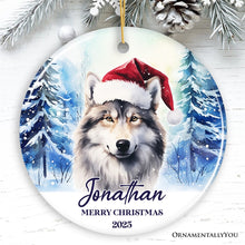 Carregar imagem no visualizador da galeria, Wolf with Santa Hat Personalized Ornament, Winter Forest Christmas Gift With Custom Name and Date
