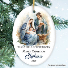 Carregar imagem no visualizador da galeria, Watercolor Christmas Nativity Scene Personalized Ornament, Christian Holiday Gift
