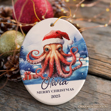 Carregar imagem no visualizador da galeria, Octopus with Santa Hat Personalized Ornament, Festive Christmas Gift With Custom Name and Date
