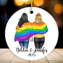 Load image into Gallery viewer, Gay Pride Women Couple with Rainbow Flag Personalized Christmas Ornament, LGBT and Lesbian Activism
