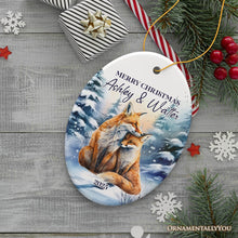 Load image into Gallery viewer, Couple Fox Personalized Ornament, Enchanted Winter Frost Christmas Gift With Custom Names and Date
