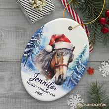 Carregar imagem no visualizador da galeria, Horse with Santa Hat Personalized Ornament, Winter Forest Christmas Gift With Custom Name and Date
