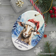 Carregar imagem no visualizador da galeria, Goat with Santa Hat Personalized Ornament, Winter Forest Christmas Gift With Custom Name and Date
