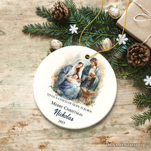 Carregar imagem no visualizador da galeria, Watercolor Christmas Nativity Scene Personalized Ornament, Christian Holiday Gift
