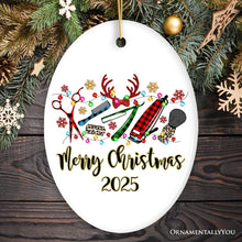 Carregar imagem no visualizador da galeria, Personalized Barber Buffalo Plaid Leopard Merry Christmas Ornament, Barbershop Gift
