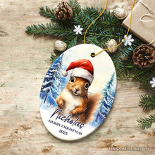 Carregar imagem no visualizador da galeria, Squirrel with Santa Hat Personalized Ornament, Winter Forest Christmas Gift With Custom Name and Date
