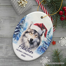 Carregar imagem no visualizador da galeria, Wolf with Santa Hat Personalized Ornament, Winter Forest Christmas Gift With Custom Name and Date
