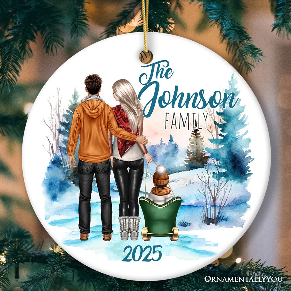 Family of Three Winter Holiday Personalized Gift, Parents & Baby on Sleigh Custom Christmas Ornament