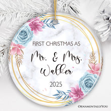Carregar imagem no visualizador da galeria, First Christmas As Mr. and Mrs. Personalized Ornament, Marble Watercolor Flowers Round Frame
