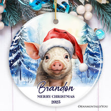 Carregar imagem no visualizador da galeria, Pig with Santa Hat Personalized Ornament, Winter Forest Christmas Gift With Custom Name and Date
