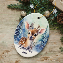 Load image into Gallery viewer, Deer Personalized Ornament, Majestic Winter Forest Christmas Gift With Custom Name and Date
