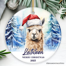 Carregar imagem no visualizador da galeria, Llama with Santa Hat Personalized Ornament, Winter Forest Christmas Gift With Custom Name and Date
