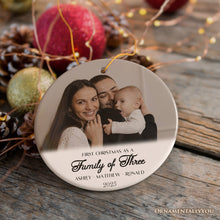 Carregar imagem no visualizador da galeria, First Christmas Family of Three Personalized Photo Ornament, New Baby Portrait Gift
