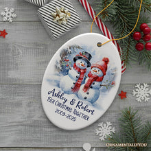 Load image into Gallery viewer, Snowy Married Couple, Watercolor Snowman Anniversary Personalized Ornament Gift
