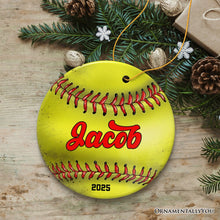 Carregar imagem no visualizador da galeria, Personalized Softball Christmas Ornament, Festive Holiday Theme with Name and Date
