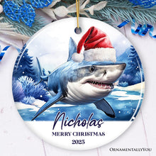 Load image into Gallery viewer, Shark with Santa Hat Personalized Ornament, Festive Christmas Gift With Custom Name and Date
