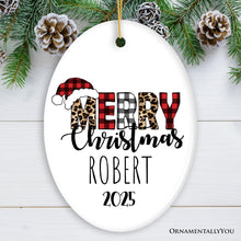 Carregar imagem no visualizador da galeria, Merry Christmas Leopard Buffalo Plaid Personalized Ornament, Holiday Family Gift
