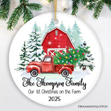 Carregar imagem no visualizador da galeria, First Christmas on The Farm Personalized Ornament, Red Truck Housewarming Family Gift
