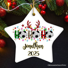 Carregar imagem no visualizador da galeria, Personalized Soccer Buffalo Plaid and Leopard Christmas Ornament, Ho Ho Ho Football Gift
