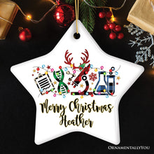 Carregar imagem no visualizador da galeria, Personalized Science Plaid Christmas Ornament, Gift for Scientist or Researcher, Lab Tools like Flasks and Microscope
