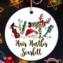 Carregar imagem no visualizador da galeria, Personalized Hair Stylist Buffalo Plaid Leopard Merry Christmas Ornament, Hair Hustler Gift
