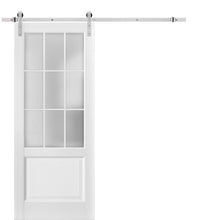 Load image into Gallery viewer, Felicia 3309 Matte White Barn Door with 9 Lites Frosted Glass and Silver Finish Rail
