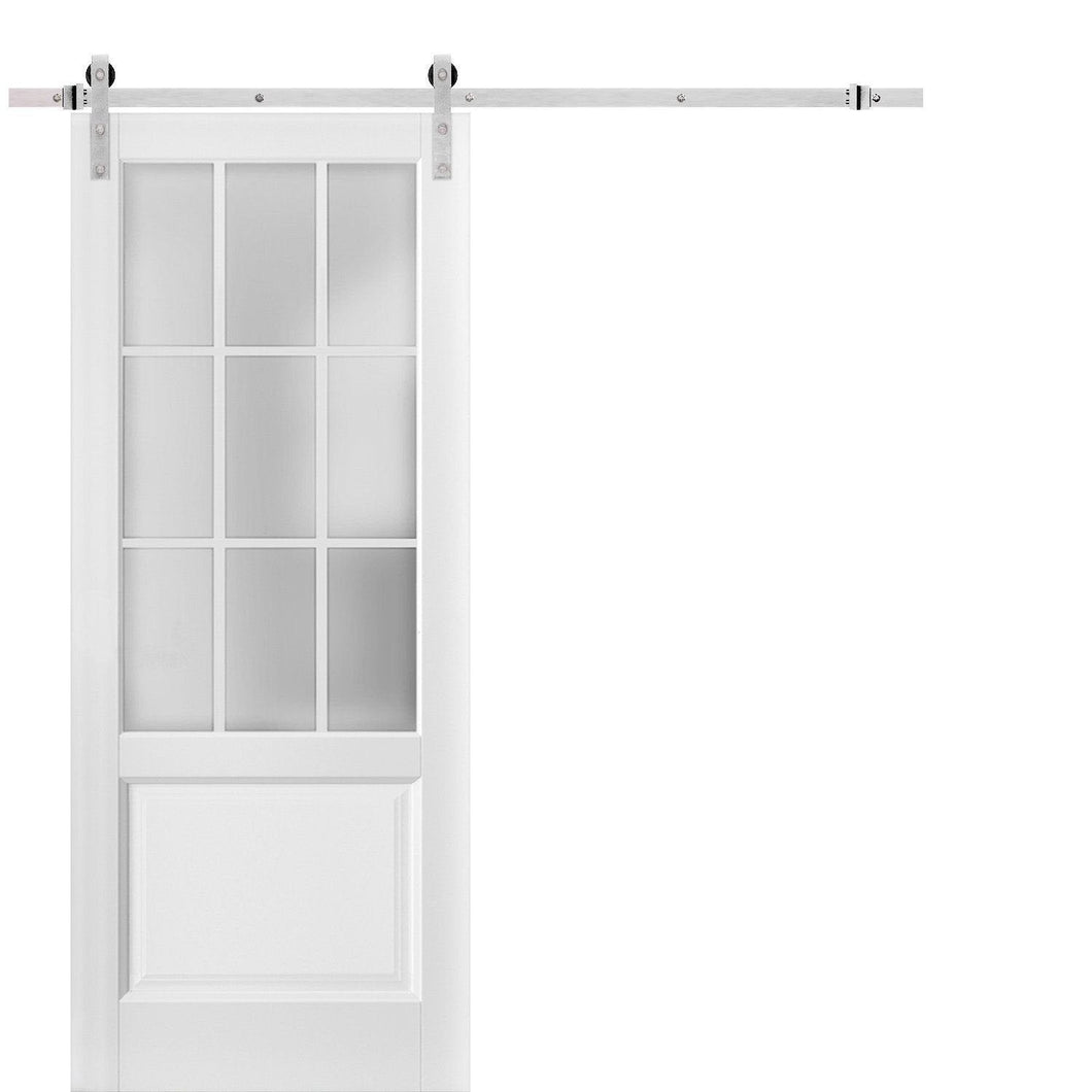 Felicia 3309 Matte White Barn Door with 9 Lites Frosted Glass and Silver Finish Rail