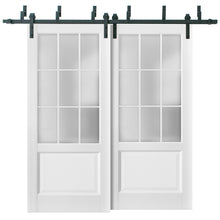 Load image into Gallery viewer, Felicia 3309 Matte White Double Barn Door with 9 Lites Frosted Glass | Black Bypass Rails
