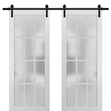 Load image into Gallery viewer, Felicia 3312 Matte White Double Barn Door with 12 Lites Frosted Glass | Black Rail
