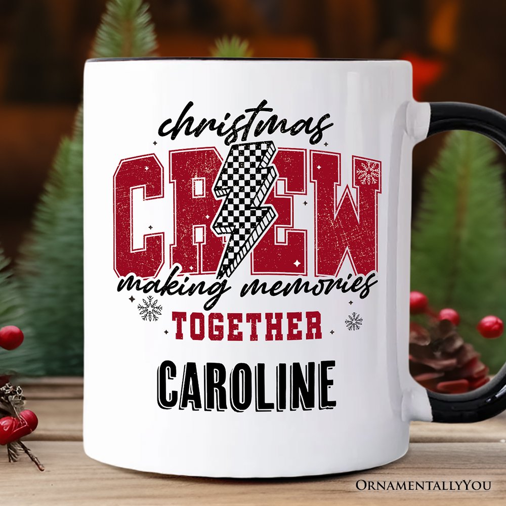 Christmas Crew Making Memories Together Personalized Mug, Checkered Lightning Retro Holiday Gift with Custom Name
