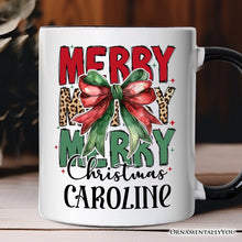 Load image into Gallery viewer, Coquette Merry Christmas Bow Personalized Mug, Festive Leopard Holiday Gift with Custom Name
