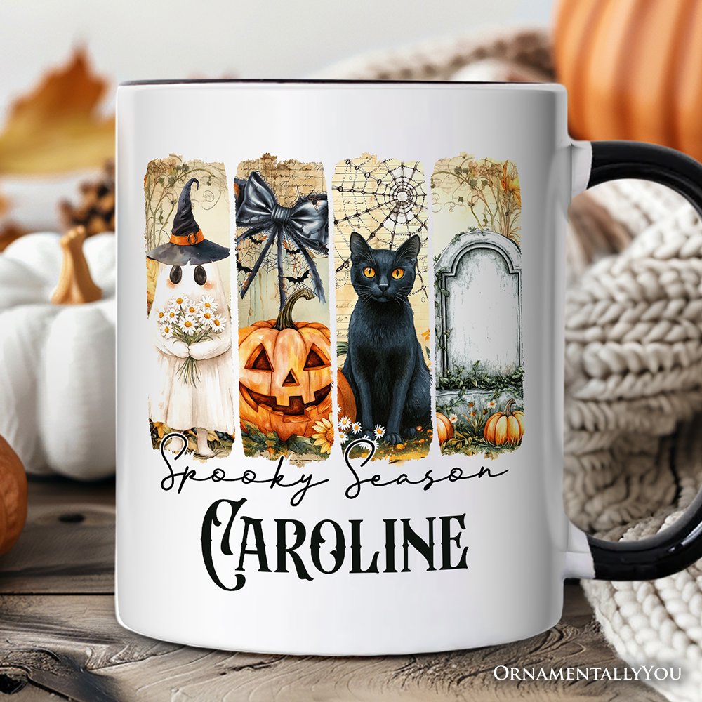 Fall Spooky Season Brushstroke Personalized Mug, Coquette Vintage Ghost, Cat and Pumpkin Gift with Custom Name