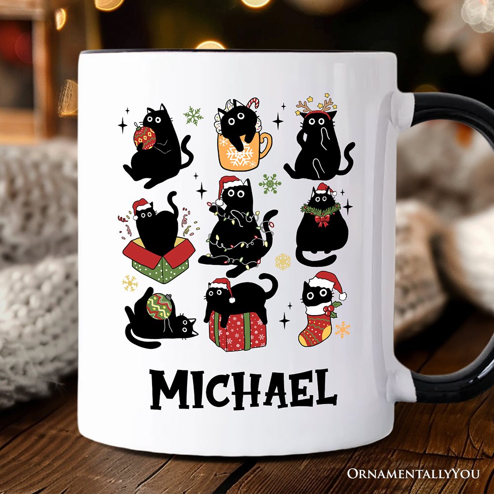 Christmas Black Cats Personalized Mug, Whimsical Cats with Santa Hat Gift with Custom Name